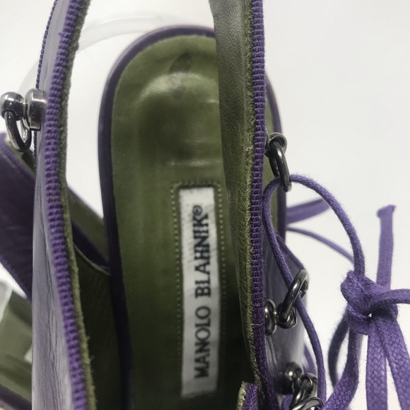 Manolo Blahnik Leather Lace Up Heels with Calf Fur - Picture 6 of 7